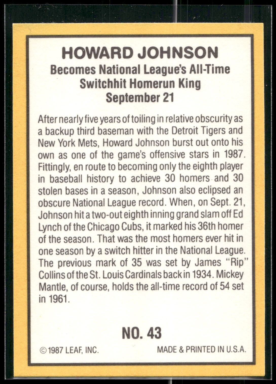 1987 Donruss Highlights #43 Howard Johnson