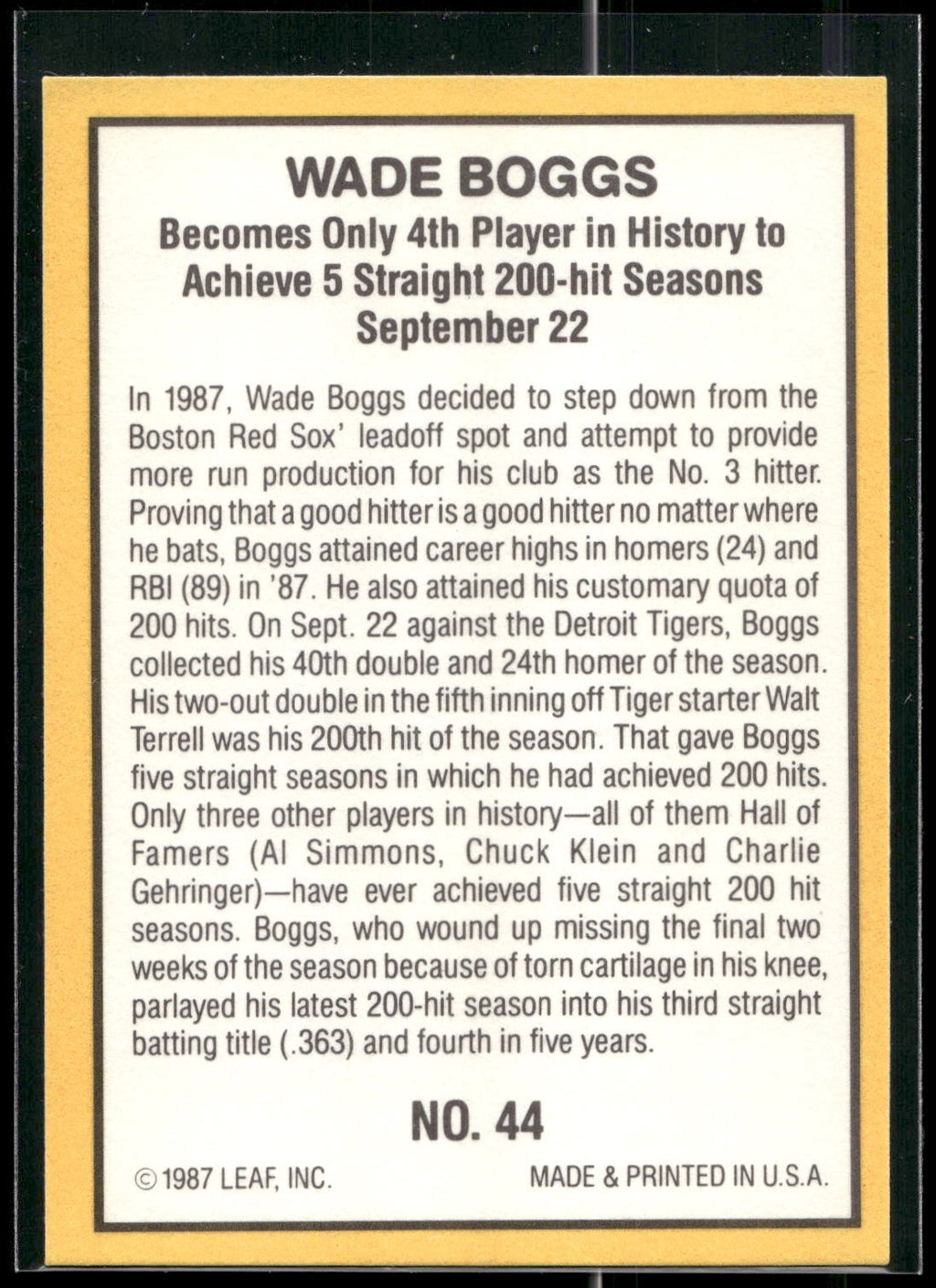 1987 Donruss Highlights #44 Wade Boggs