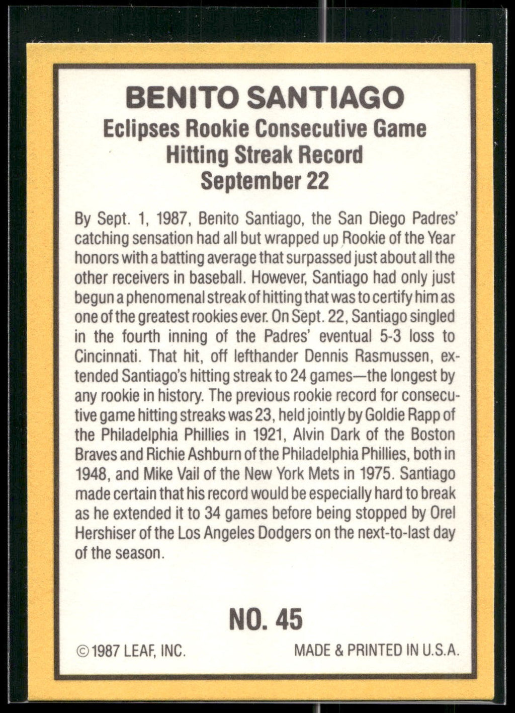 1987 Donruss Highlights #45 Benito Santiago