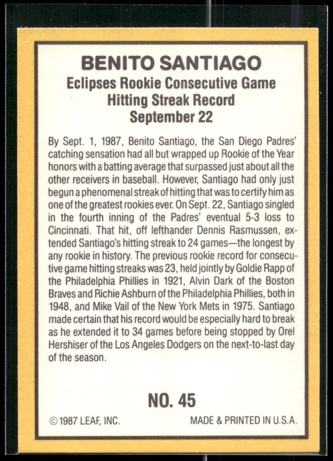 1987 Donruss Highlights #45 Benito Santiago