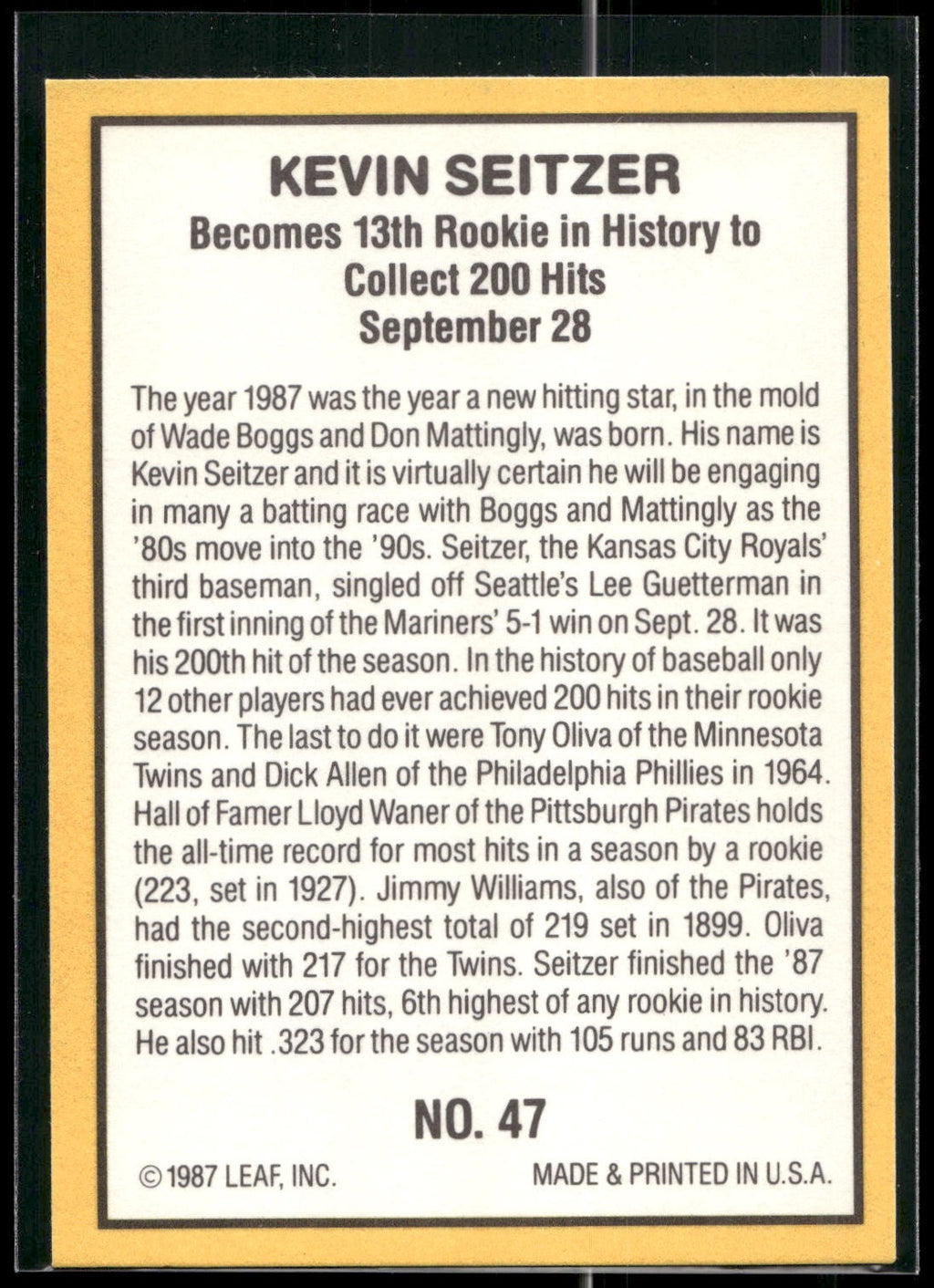 1987 Donruss Highlights #47 Kevin Seitzer