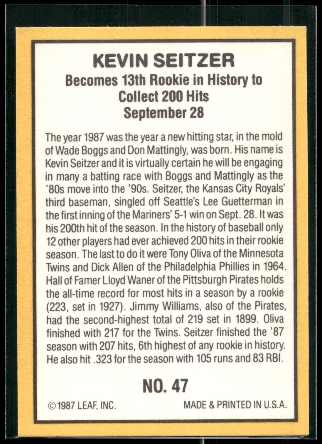 1987 Donruss Highlights #47 Kevin Seitzer