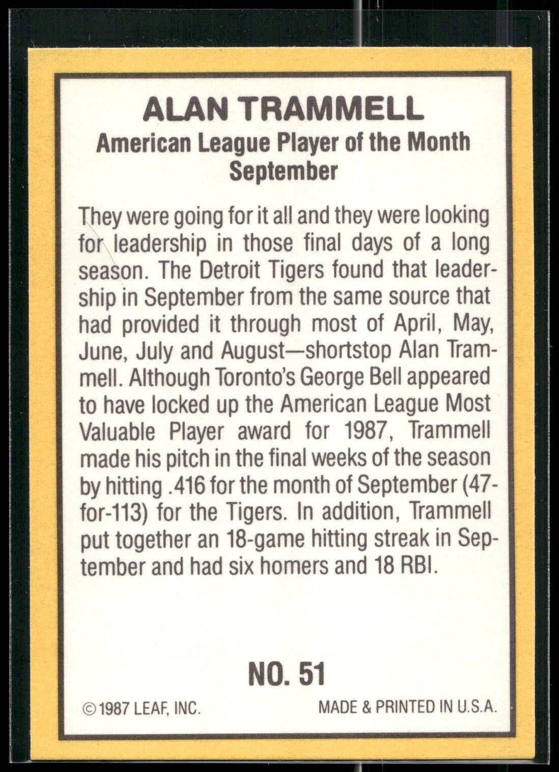 1987 Donruss Highlights #51 Alan Trammell
