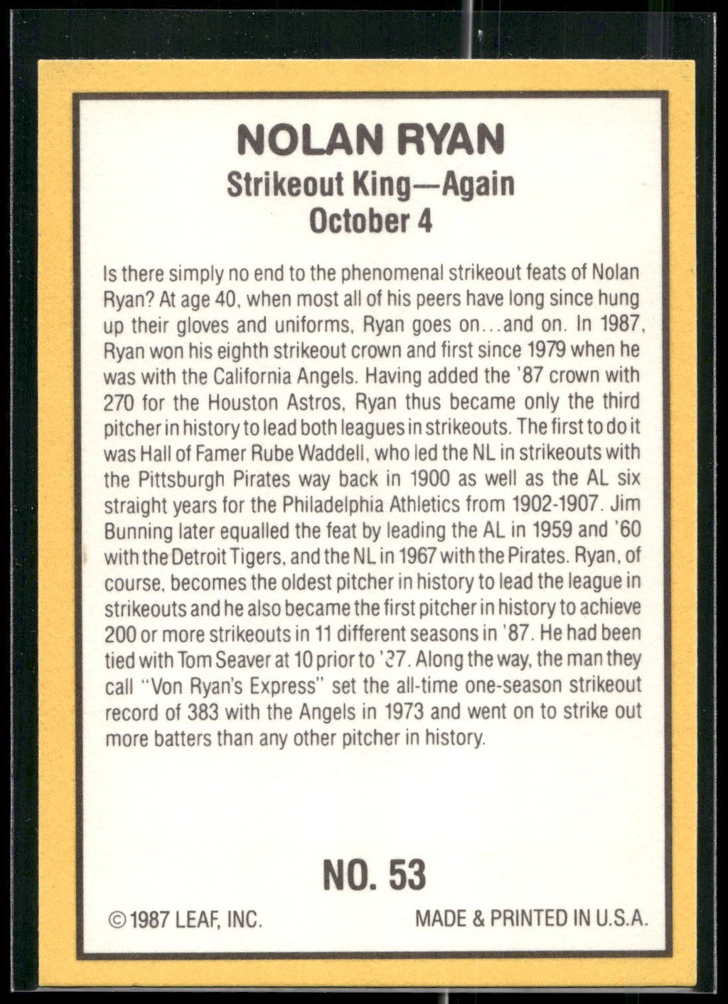 1987 Donruss Highlights #53 Nolan Ryan