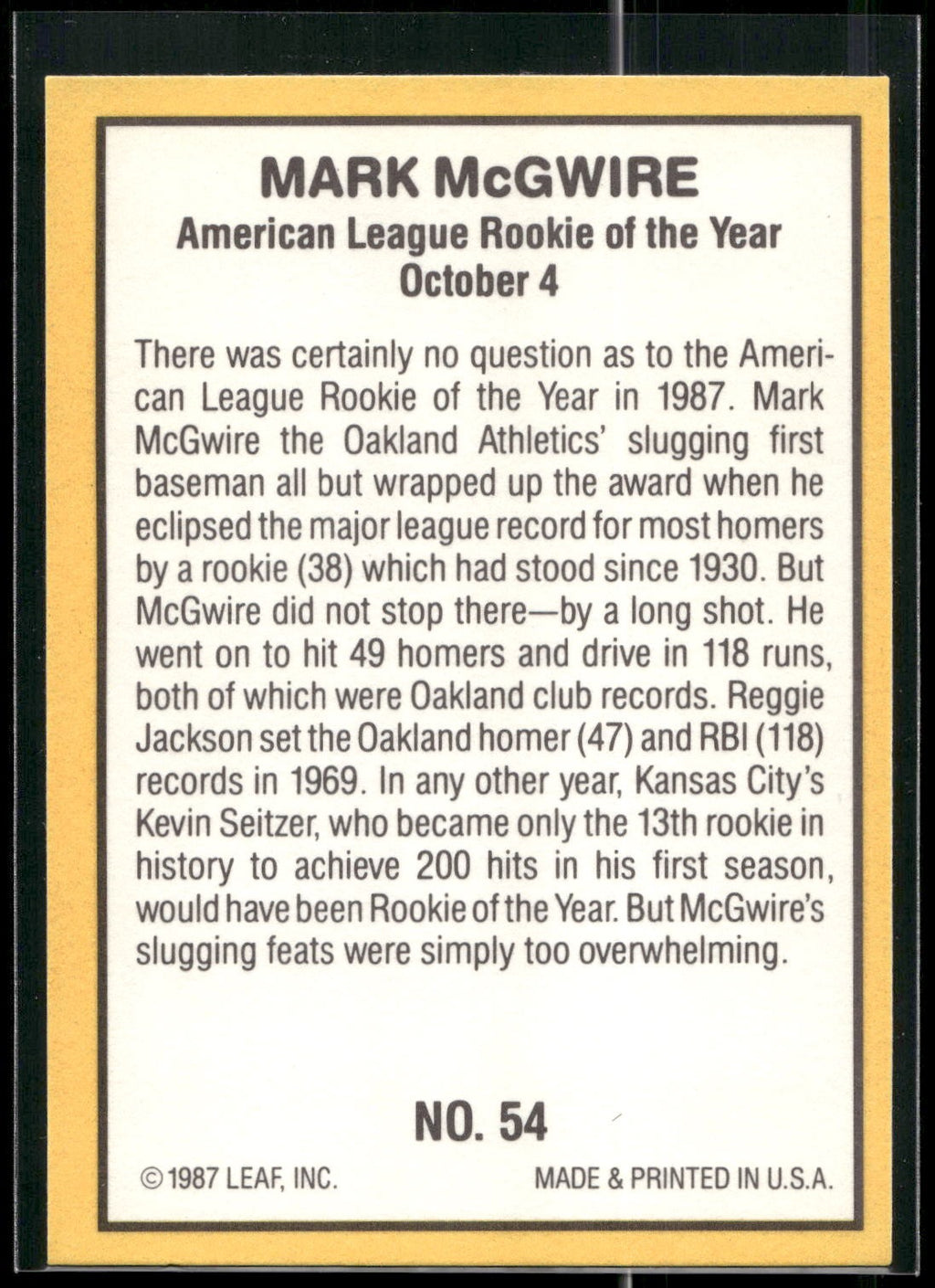 1987 Donruss Highlights #54 Mark McGwire