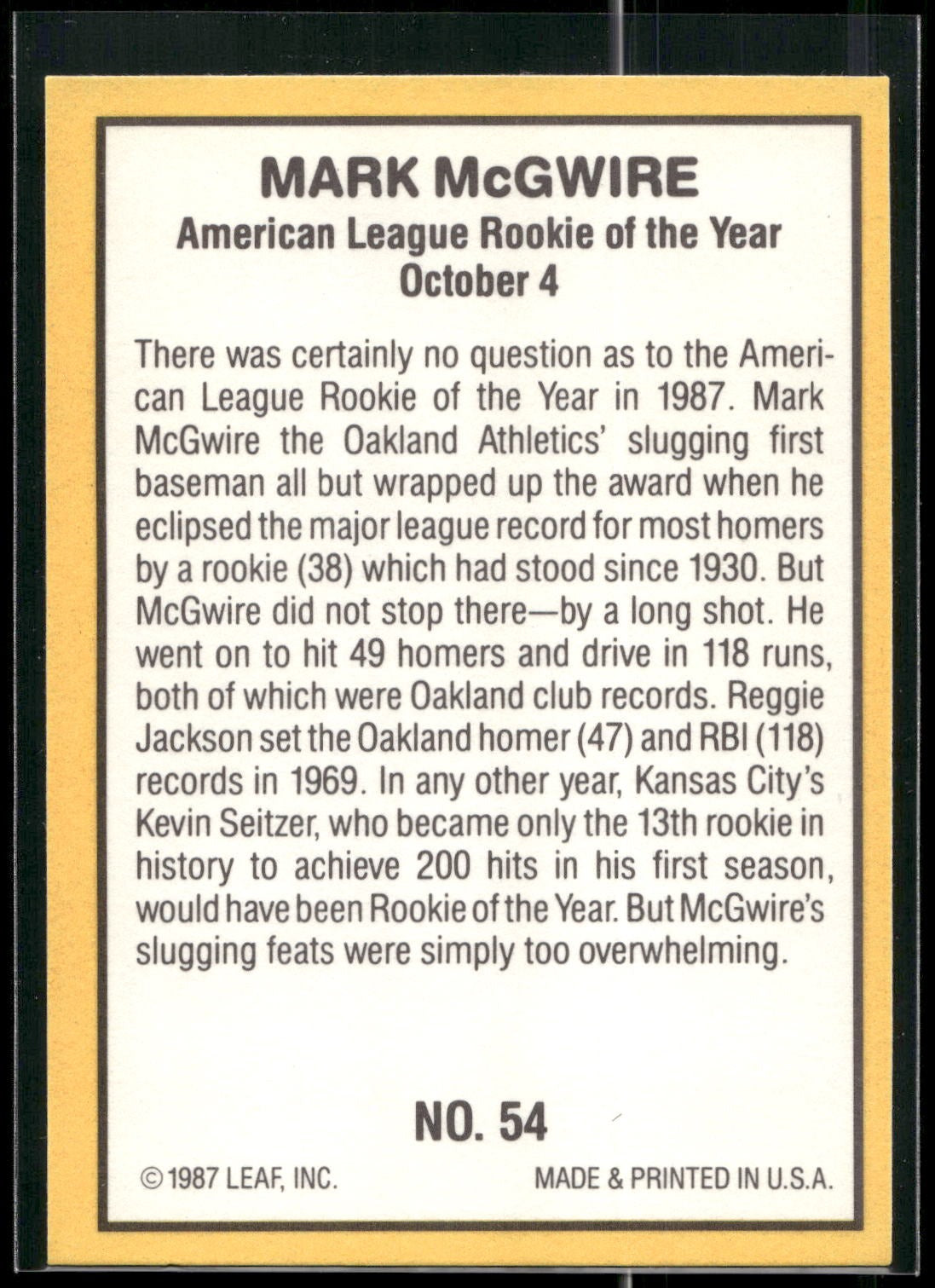 1987 Donruss Highlights #54 Mark McGwire