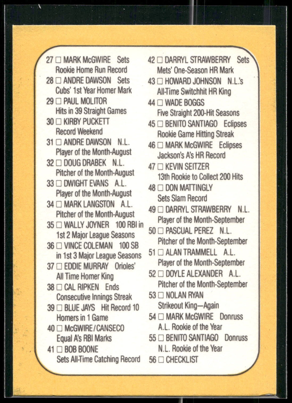 1987 Donruss Highlights #56 Highlight Checklist