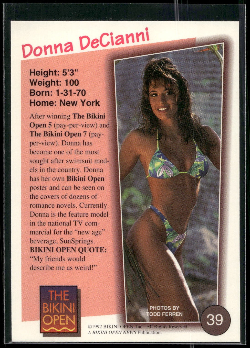 1992 T&M Entertainment The Bikini Open #39 Donna DeCianni