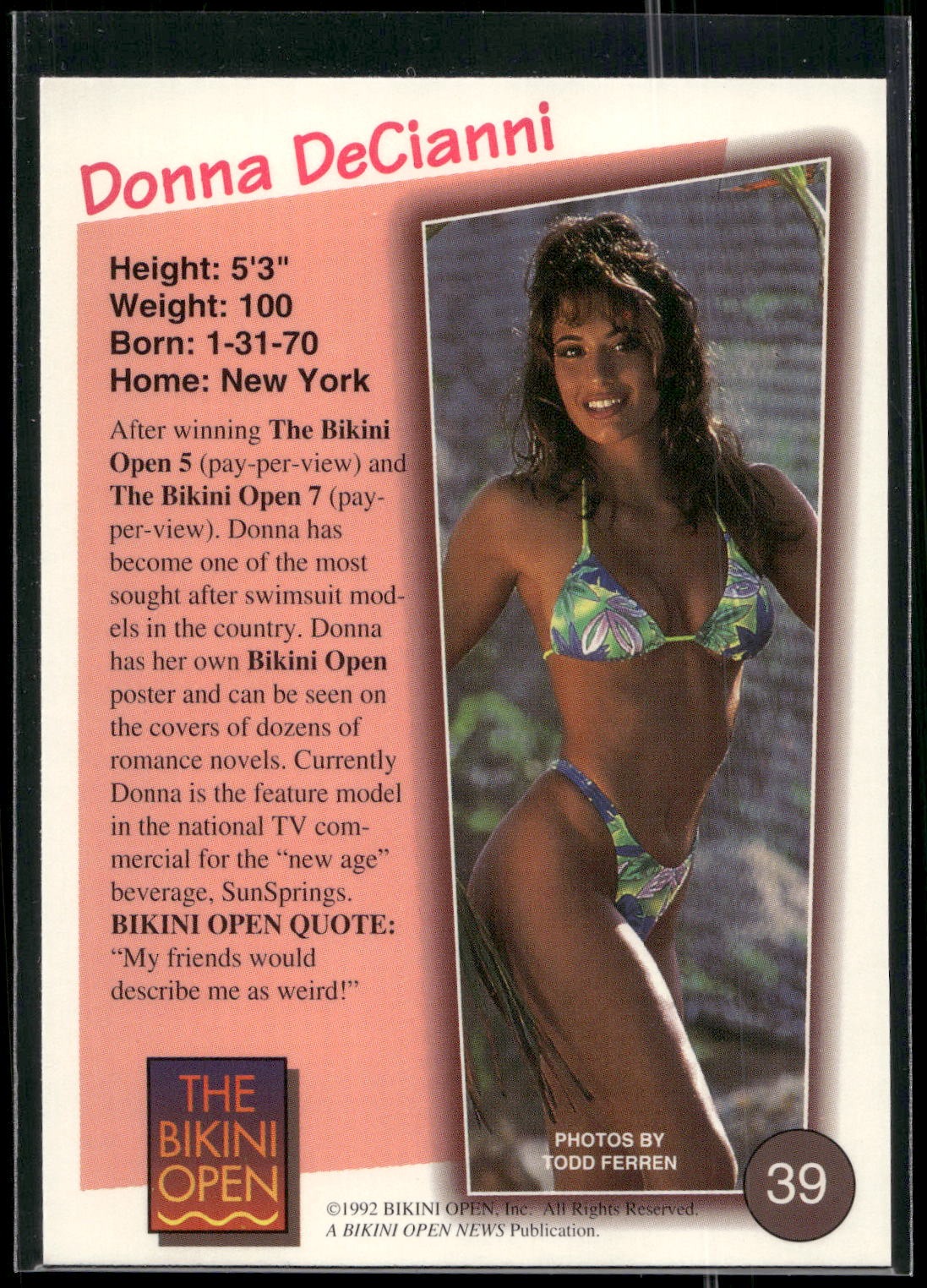 1992 T&M Entertainment The Bikini Open #39 Donna DeCianni