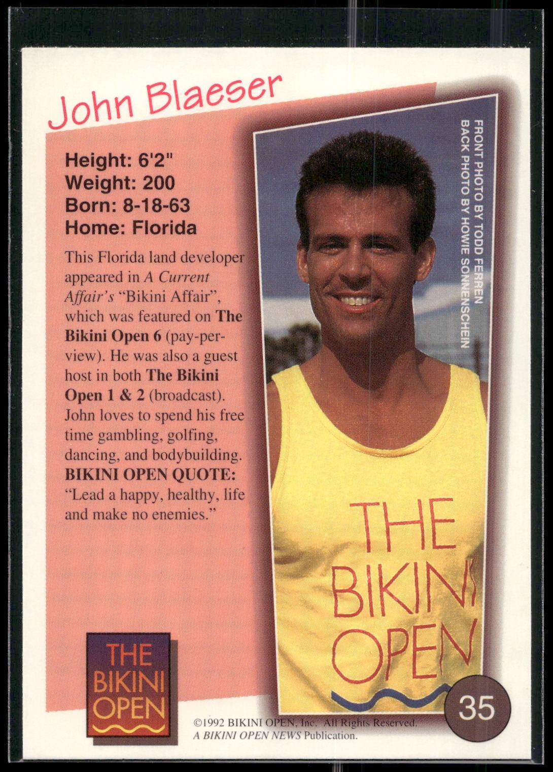 1992 T&M Entertainment The Bikini Open #35 John Blaeser