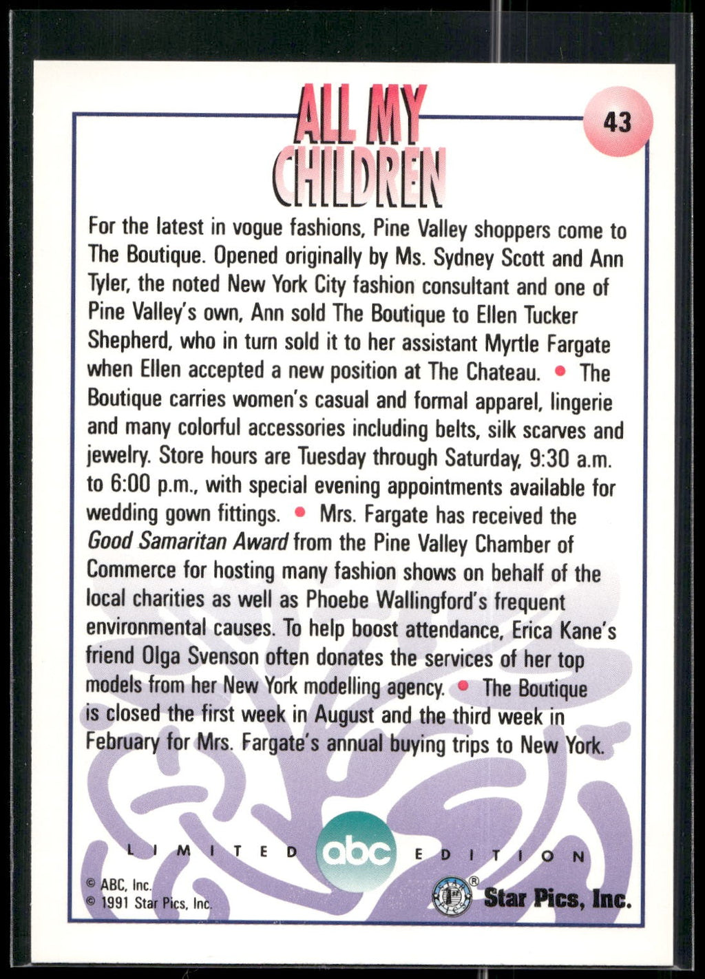 1991 Star Pics All My Children #43 The Boutique
