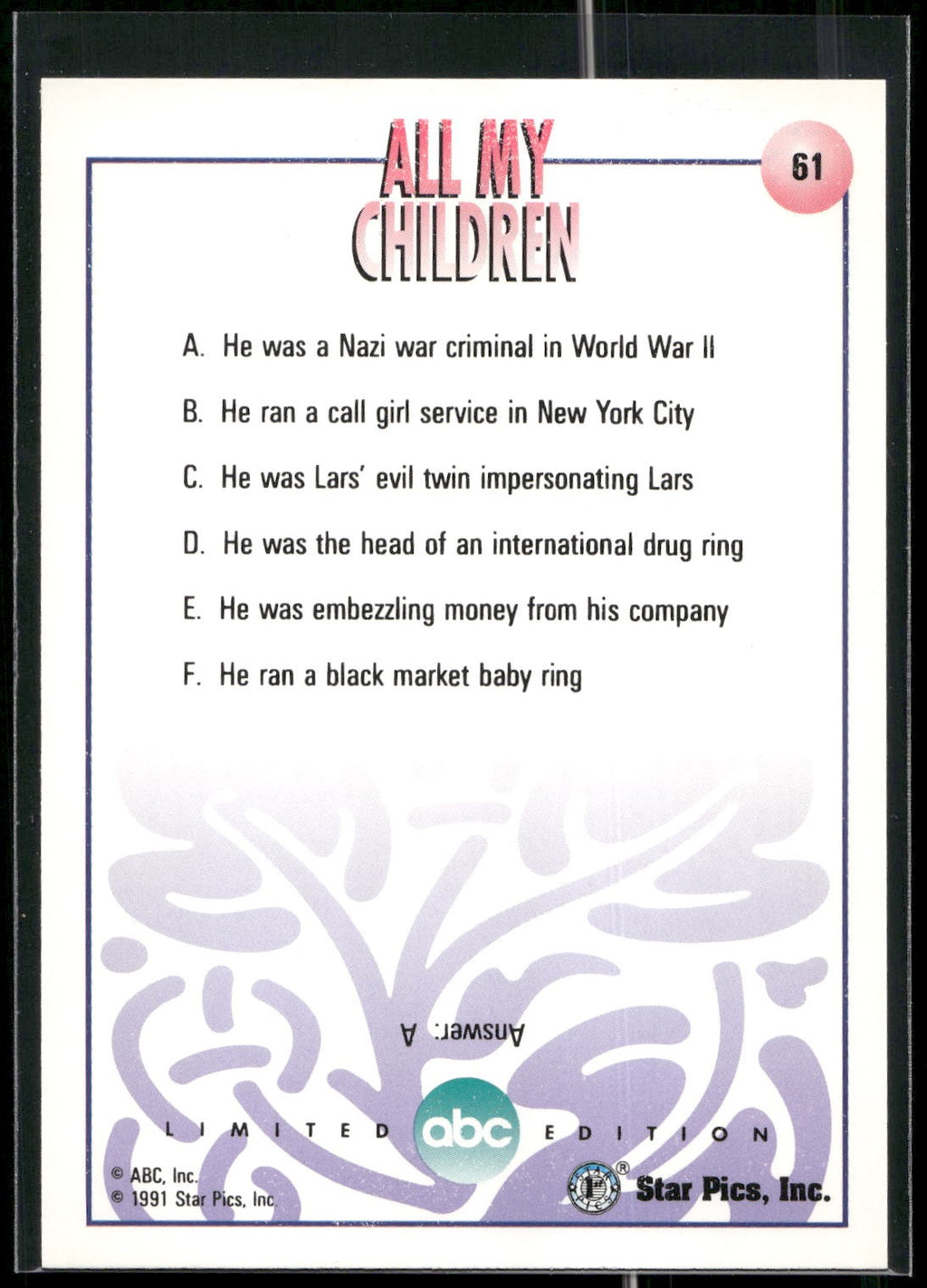 1991 Star Pics All My Children #61 Trivia