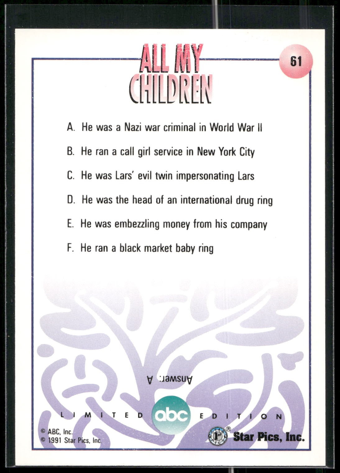 1991 Star Pics All My Children #61 Trivia