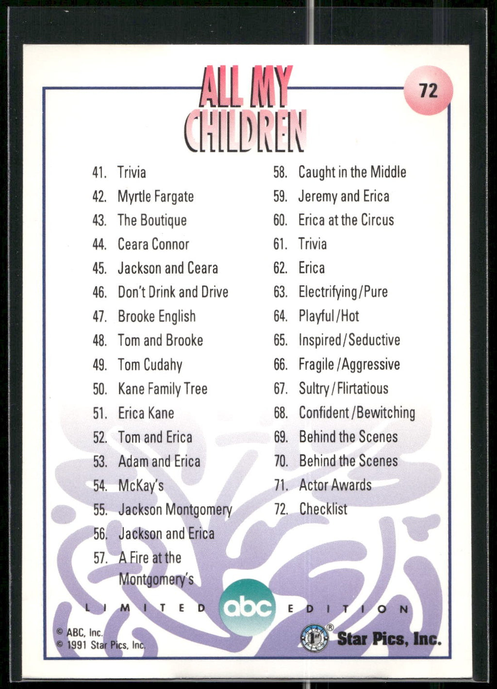 1991 Star Pics All My Children #72 Checklist