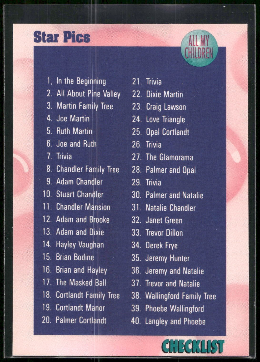 1991 Star Pics All My Children #72 Checklist