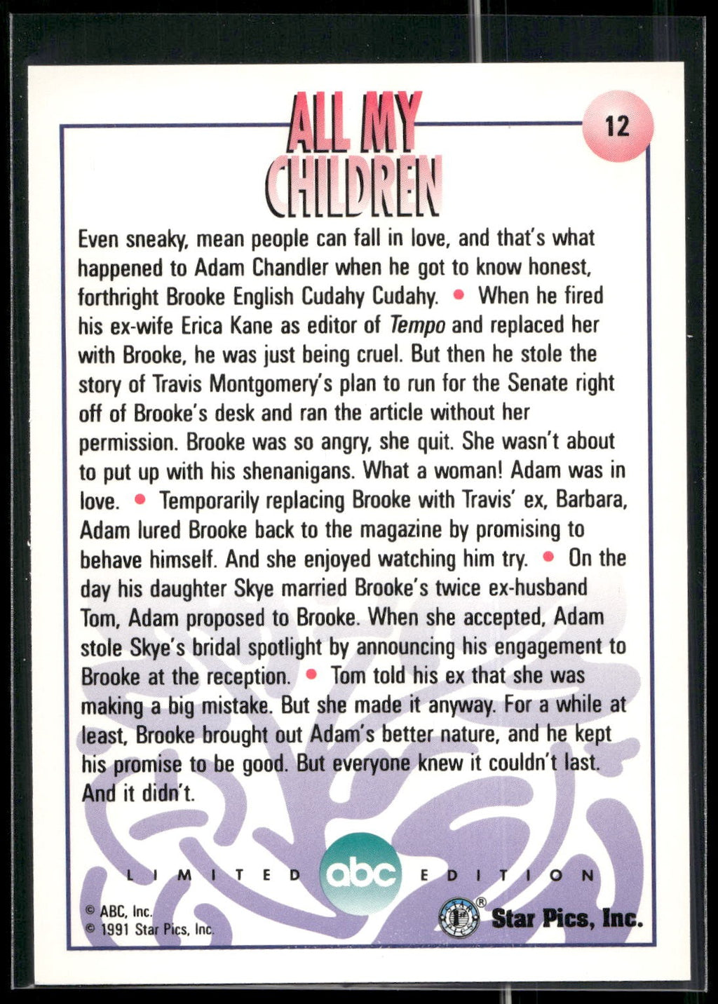 1991 Star Pics All My Children #12 Adam and Brooke