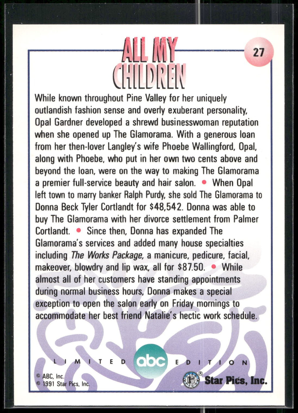 1991 Star Pics All My Children #27 The Glamorama