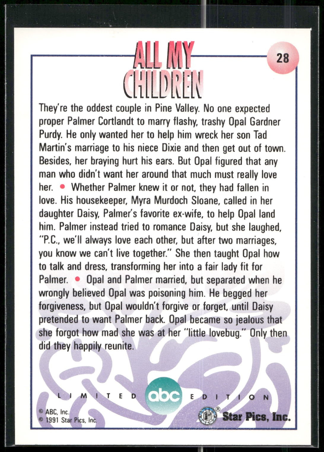 1991 Star Pics All My Children #28 Palmer and Opal
