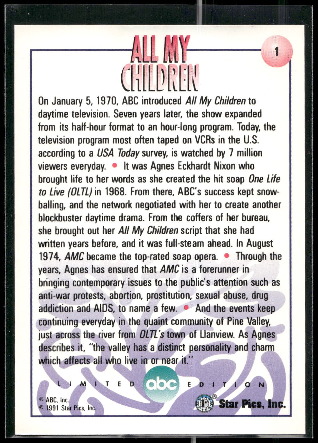 1991 Star Pics All My Children #1 In the Beginning