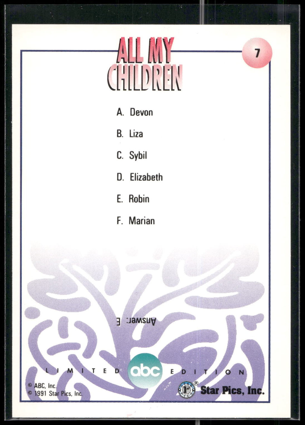 1991 Star Pics All My Children #7 Trivia