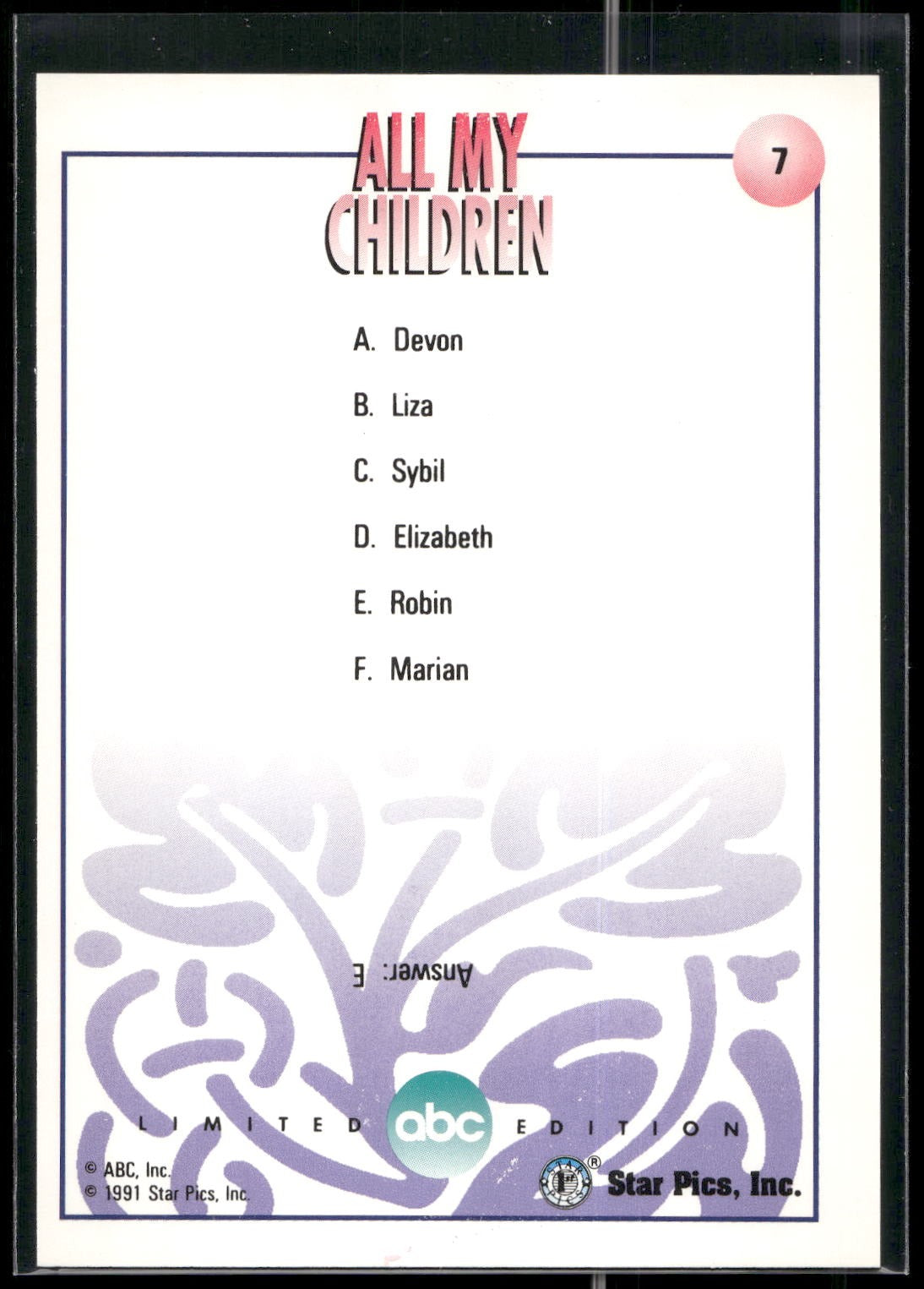 1991 Star Pics All My Children #7 Trivia