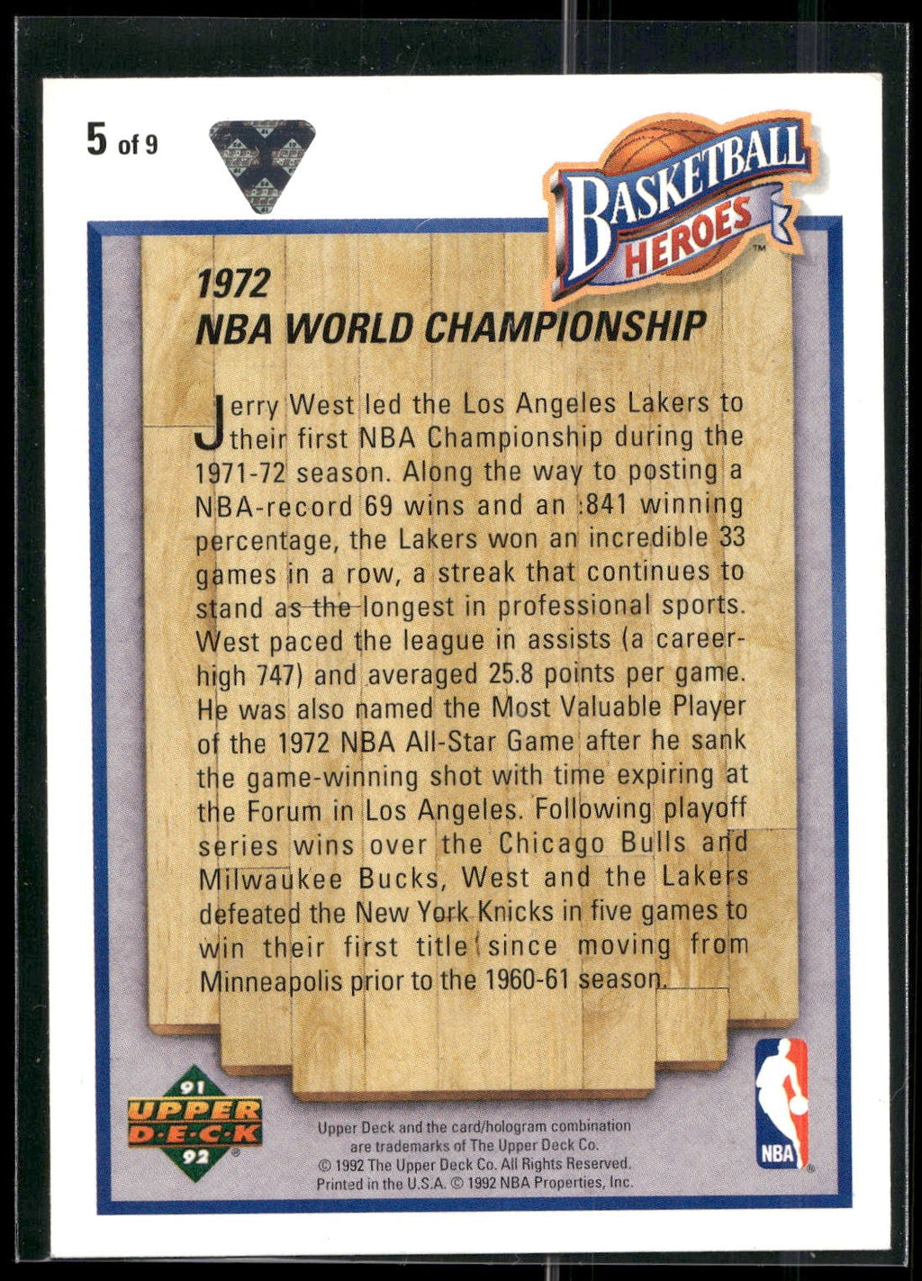 1991-92 Upper Deck #5 Jerry West Basketball Heroes: Jerry West