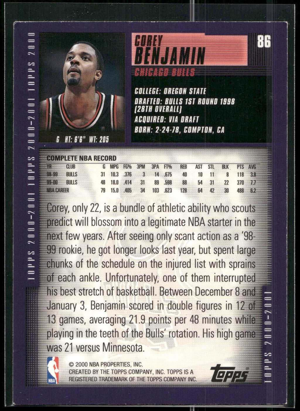 2000-01 Topps #86 Corey Benjamin