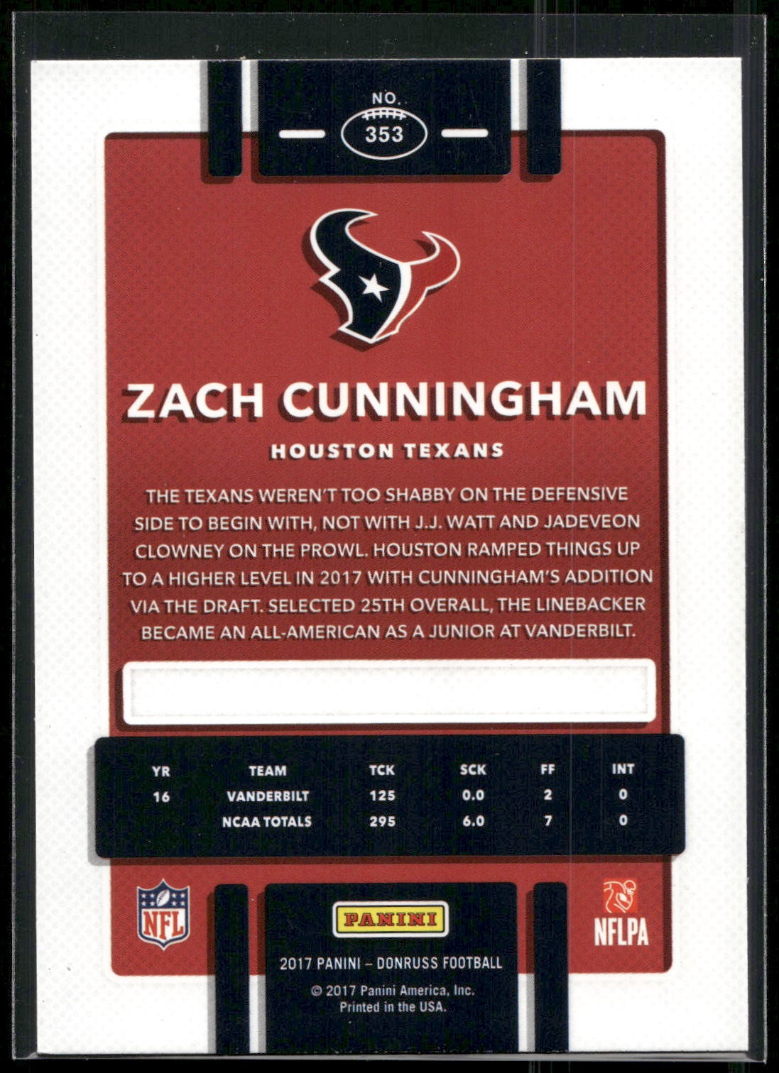 2017 Donruss #353 Zach Cunningham Press Proof Blue
