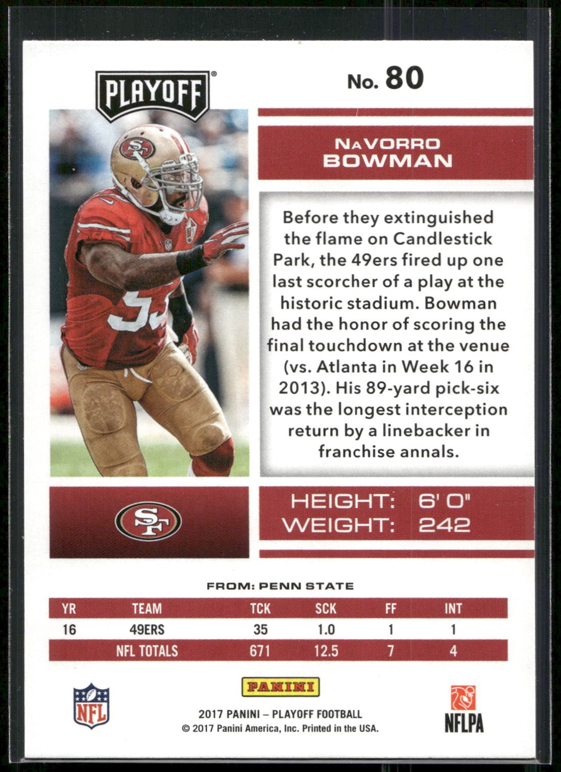 2017 Panini Playoff #80 Navorro Bowman