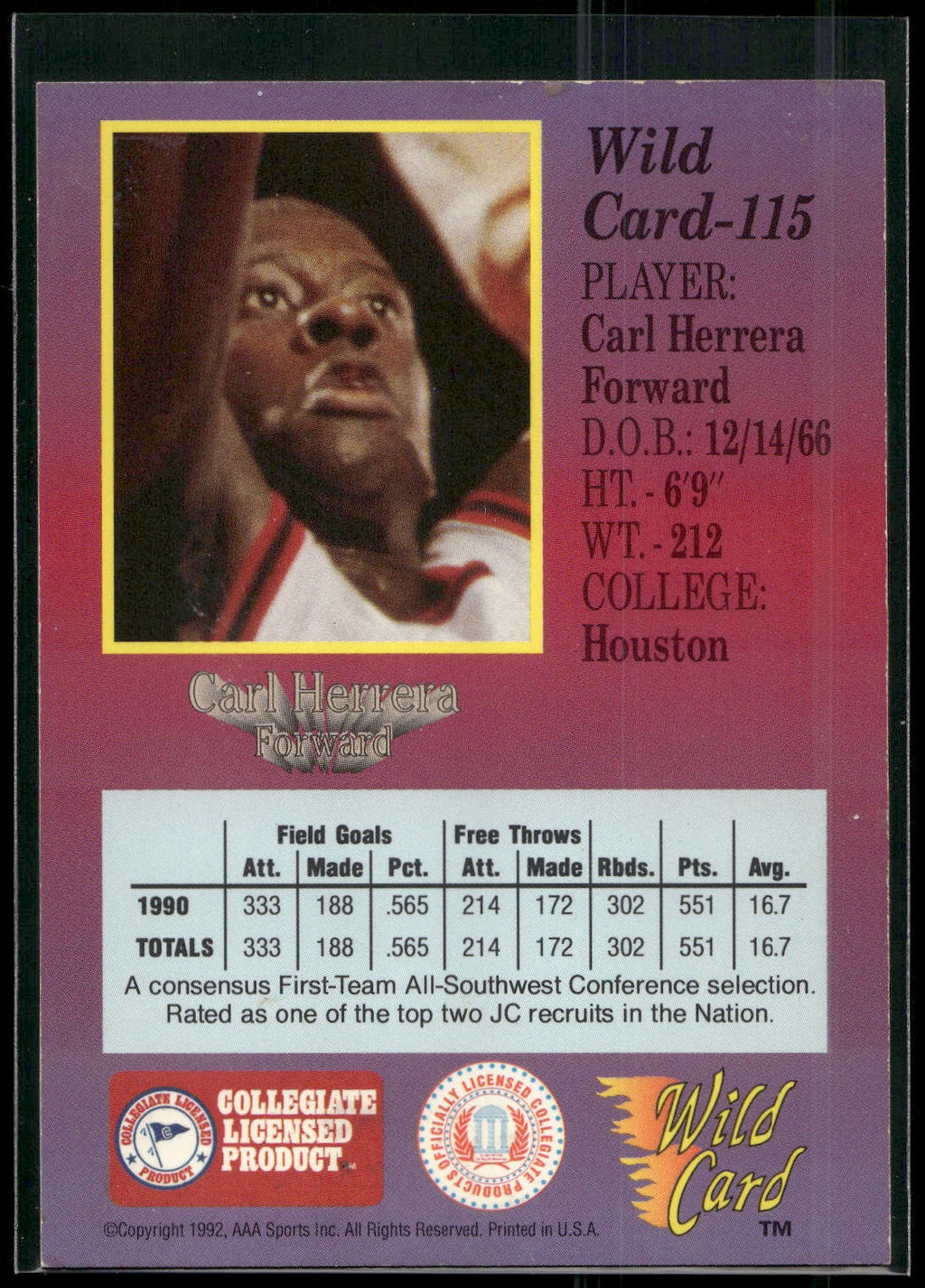 1991-92 Wild Card #115 Carl Herrera