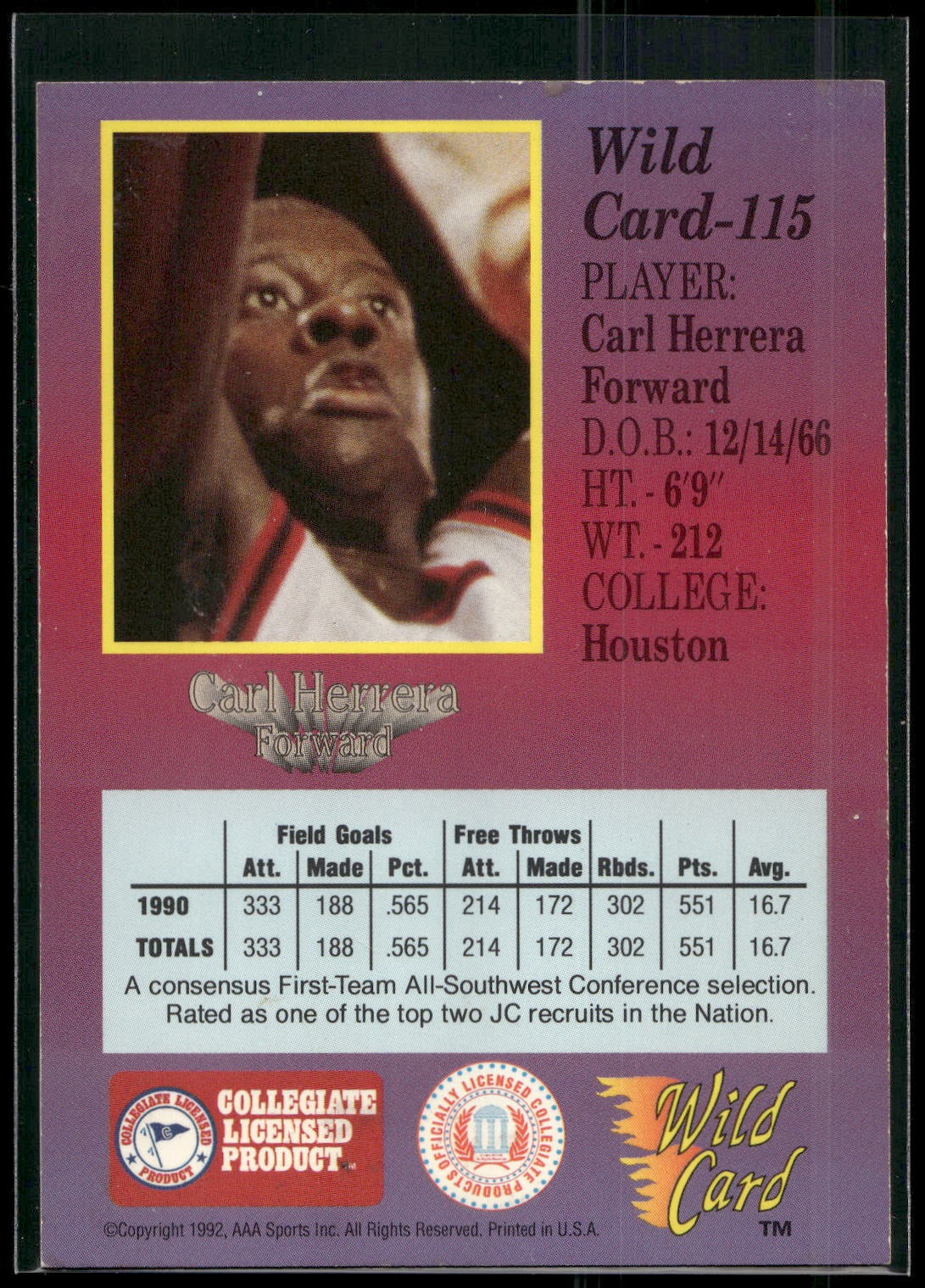 1991-92 Wild Card #115 Carl Herrera