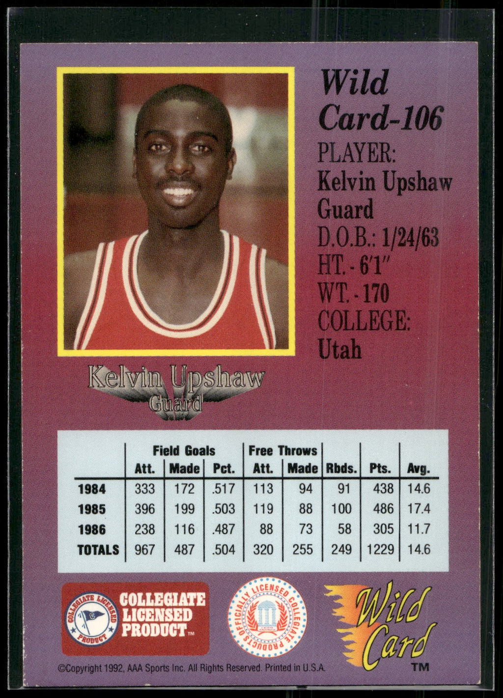 1991-92 Wild Card #106 Kelvin Upshaw