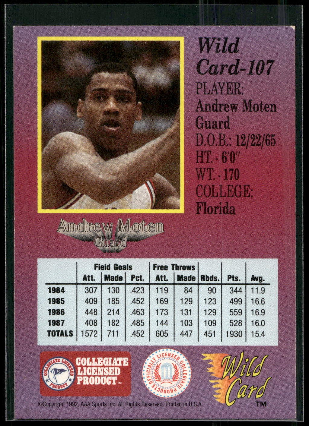 1991-92 Wild Card #107 Andrew Moten