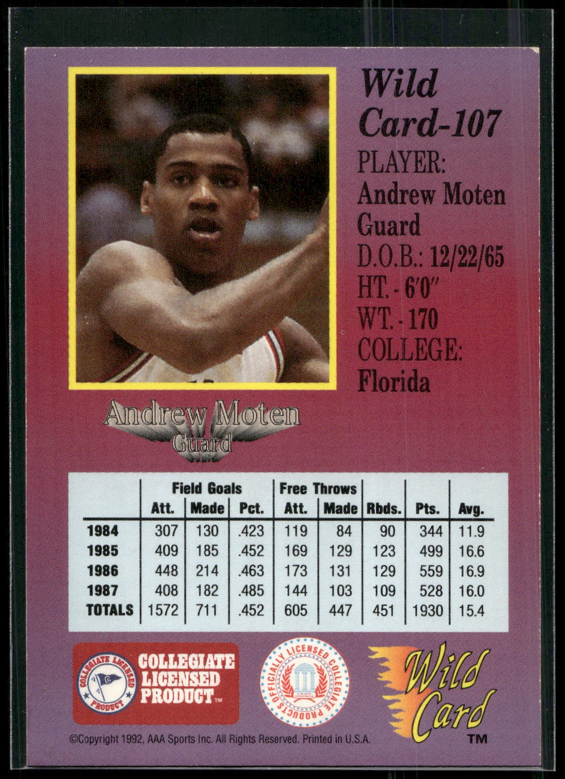 1991-92 Wild Card #107 Andrew Moten