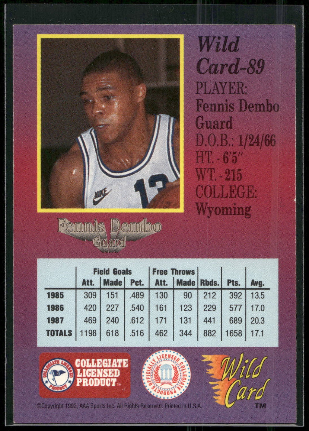 1991-92 Wild Card #89 Fennis Dembo