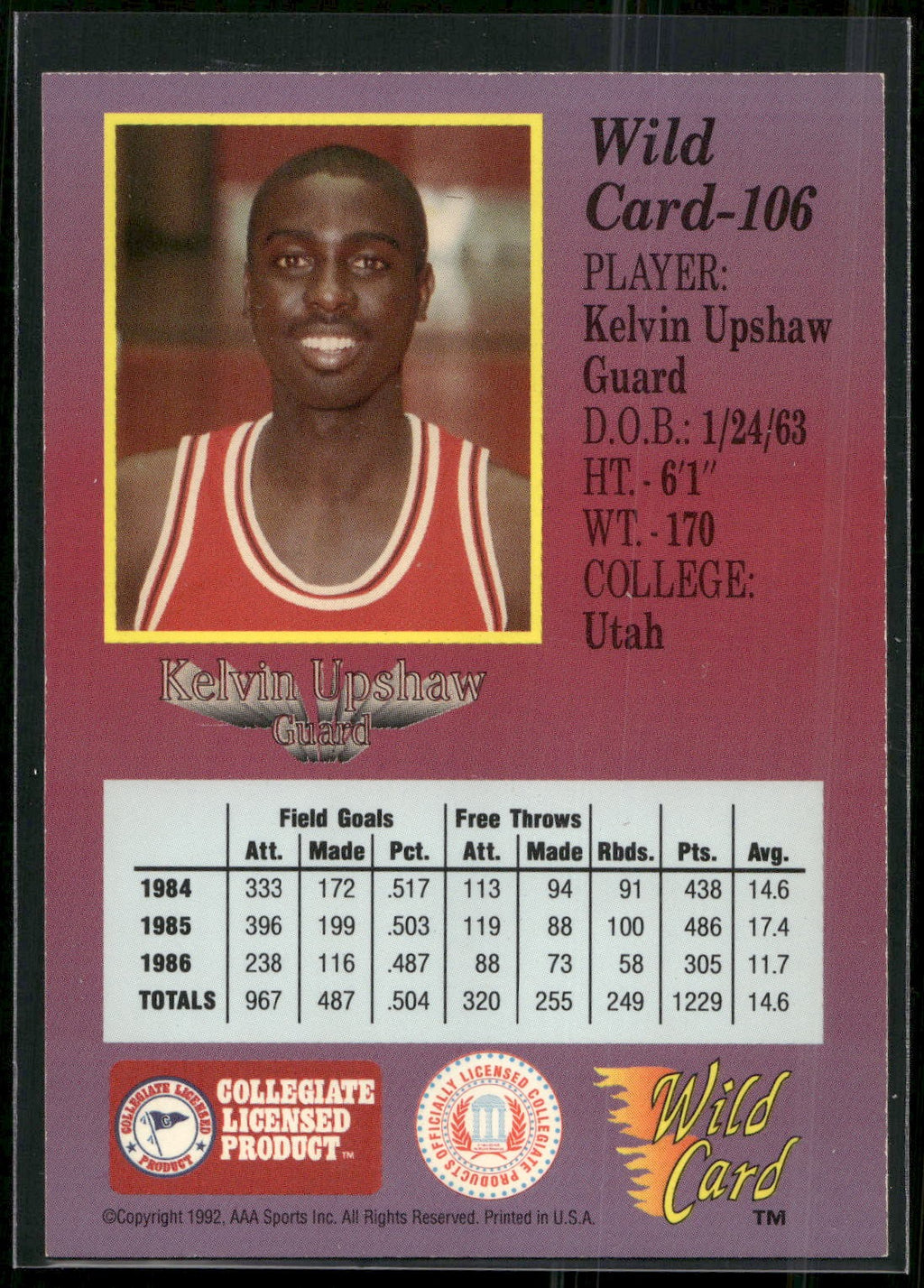1991-92 Wild Card #106 Kelvin Upshaw