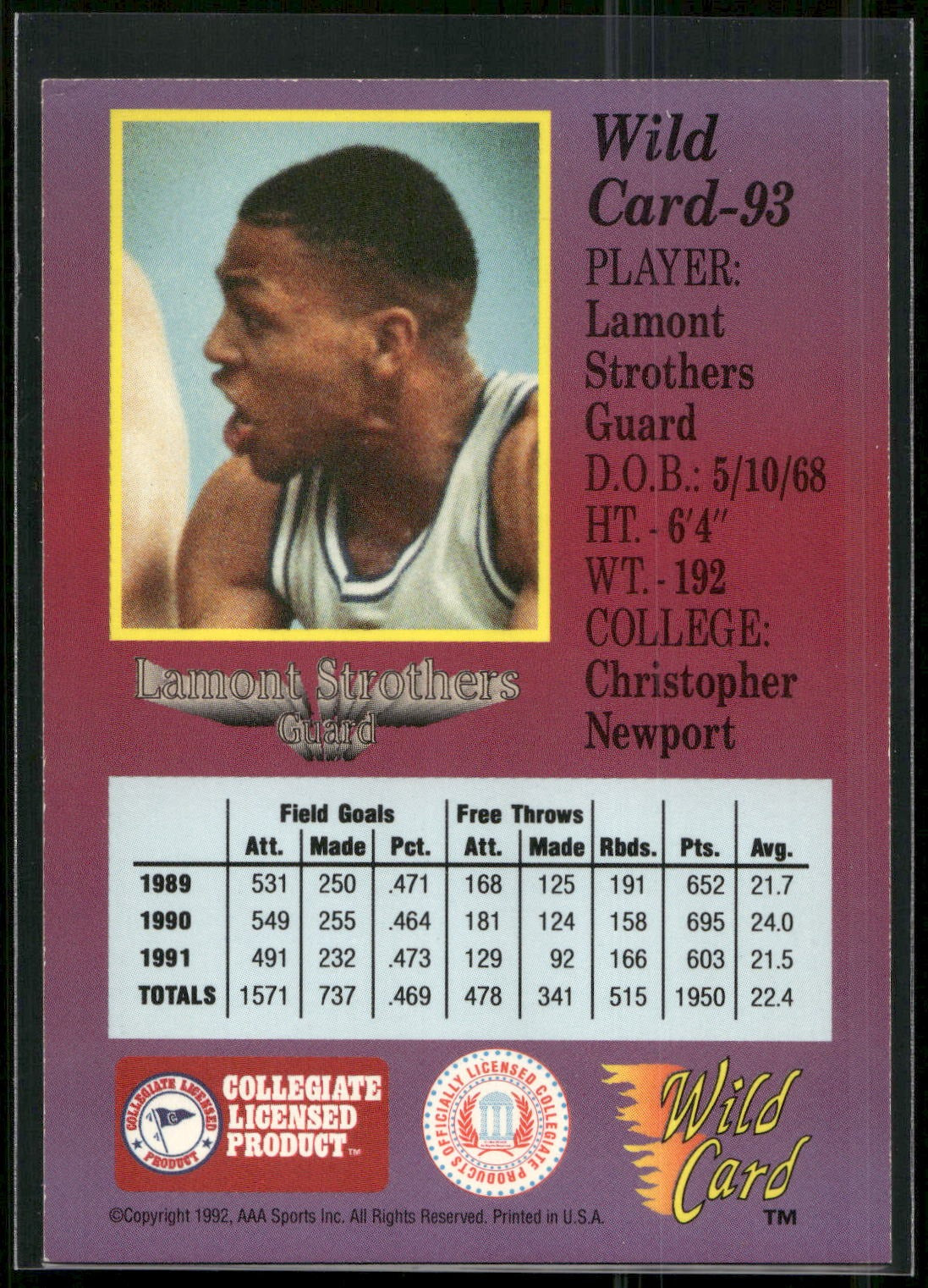 1991-92 Wild Card #93 Lamont Strothers