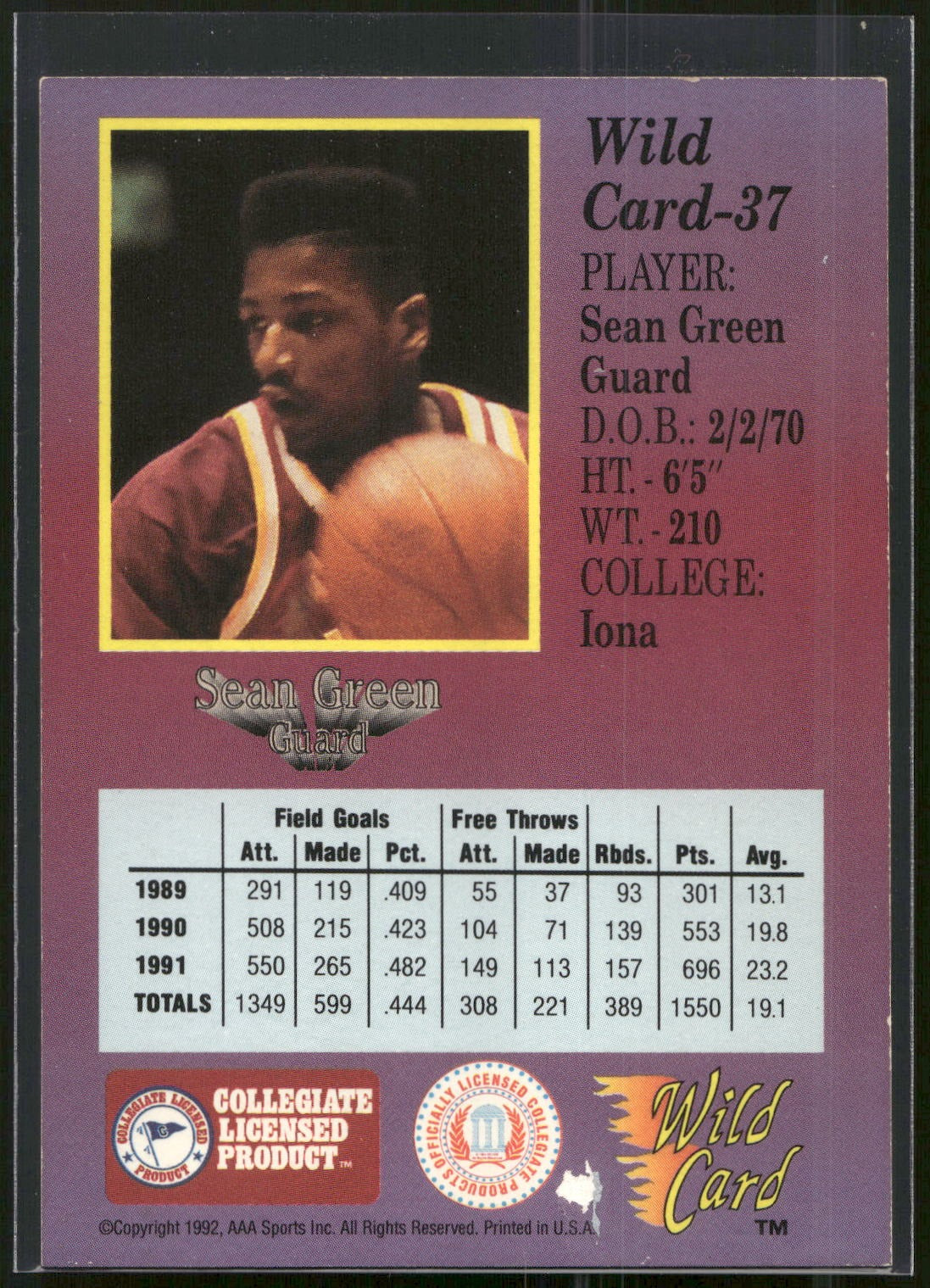 1991-92 Wild Card #37 Sean Green