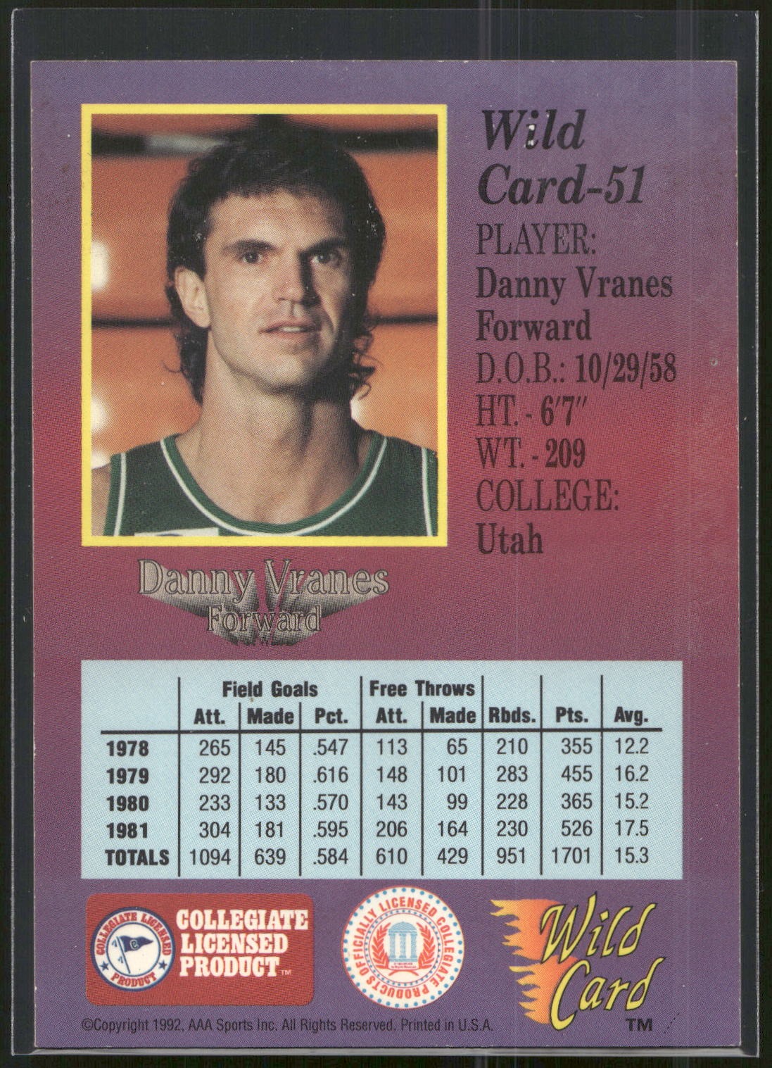 1991-92 Wild Card #51 Danny Vranes