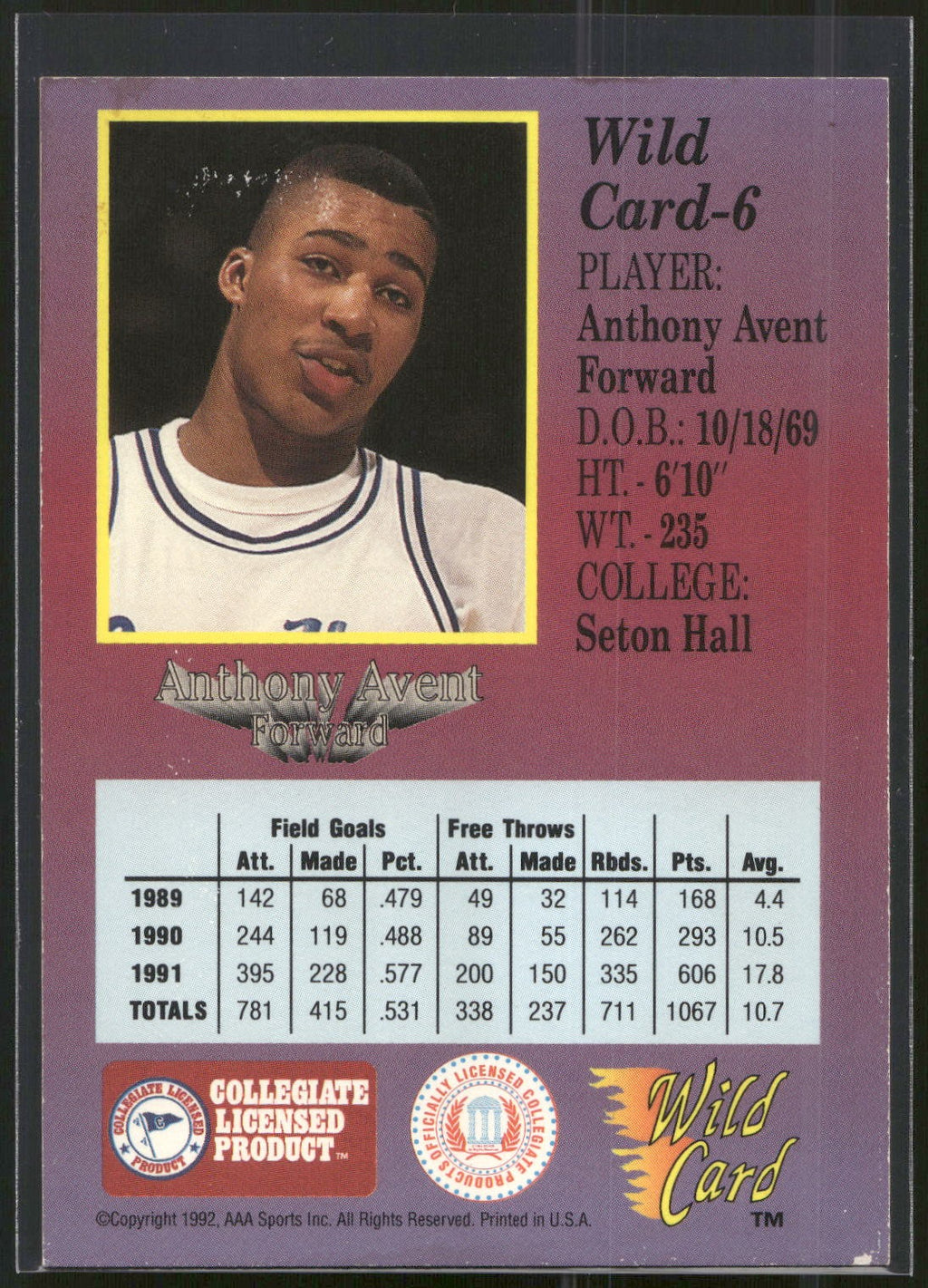 1991-92 Wild Card #6 Anthony Avent