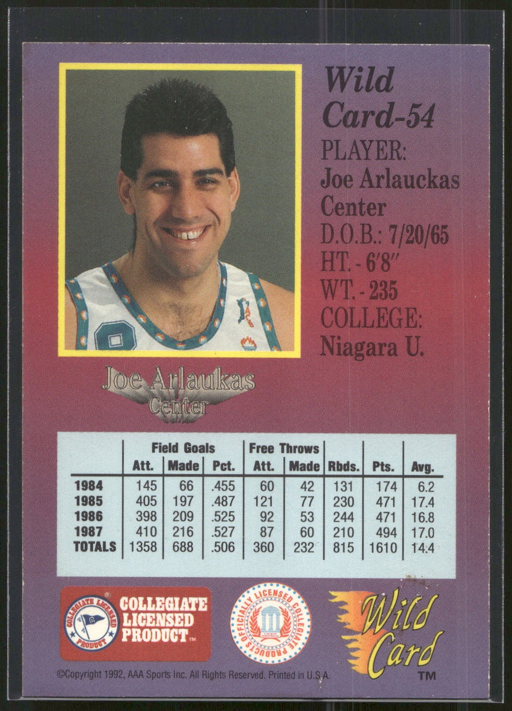 1991-92 Wild Card #54 Joe Arlauckas