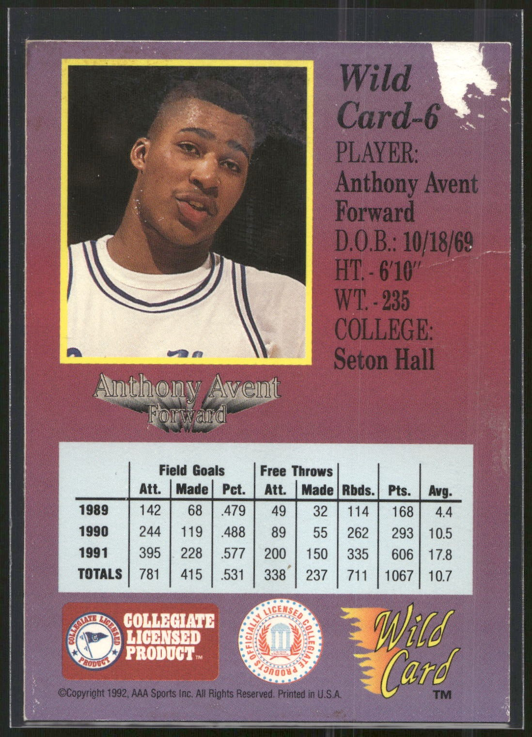 1991-92 Wild Card #6 Anthony Avent