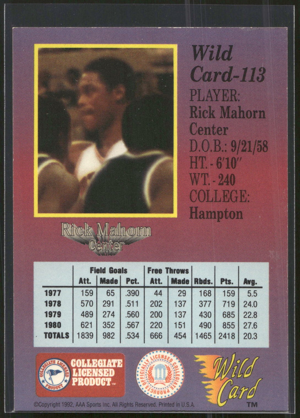 1991-92 Wild Card #113 Rick Mahorn