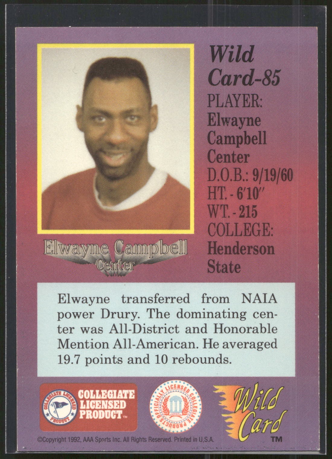1991-92 Wild Card #85 Elwayne Campbell