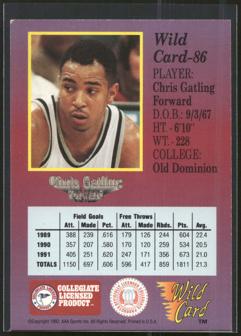 1991-92 Wild Card #86 Chris Gatling