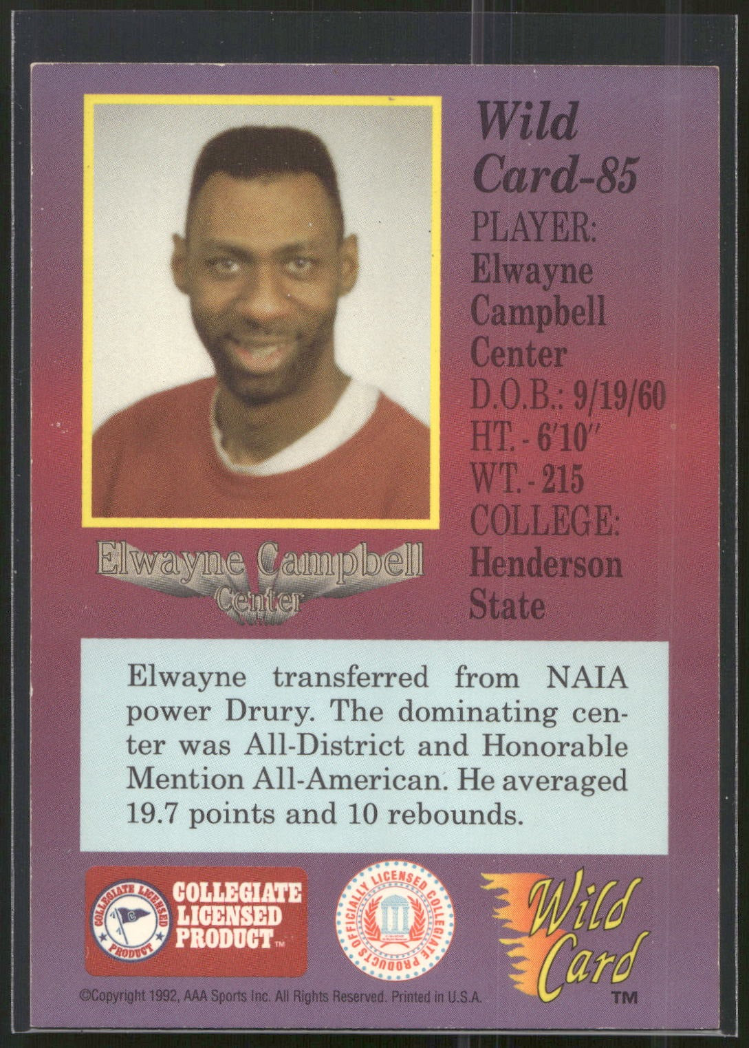1991-92 Wild Card #85 Elwayne Campbell