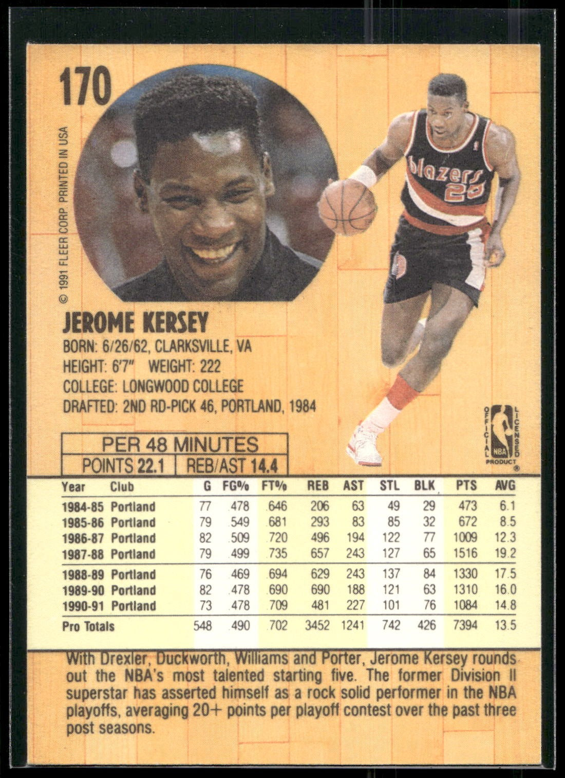 1991-92 Fleer #170 Jerome Kersey