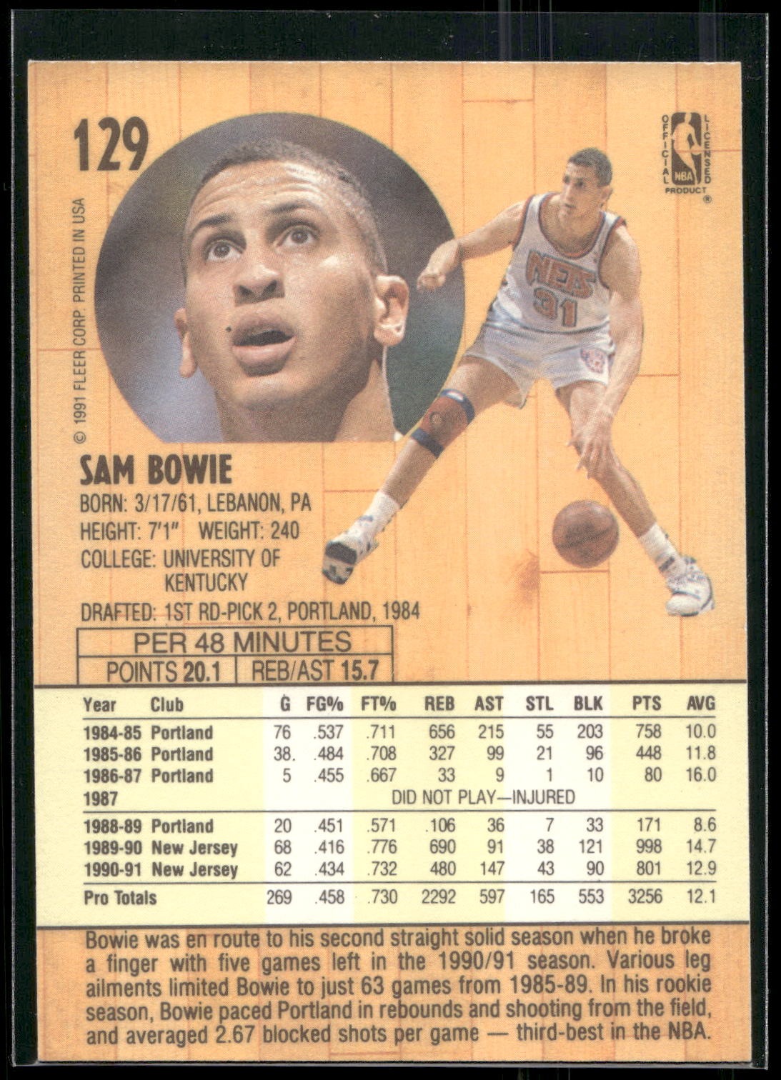 1991-92 Fleer #129 Sam Bowie