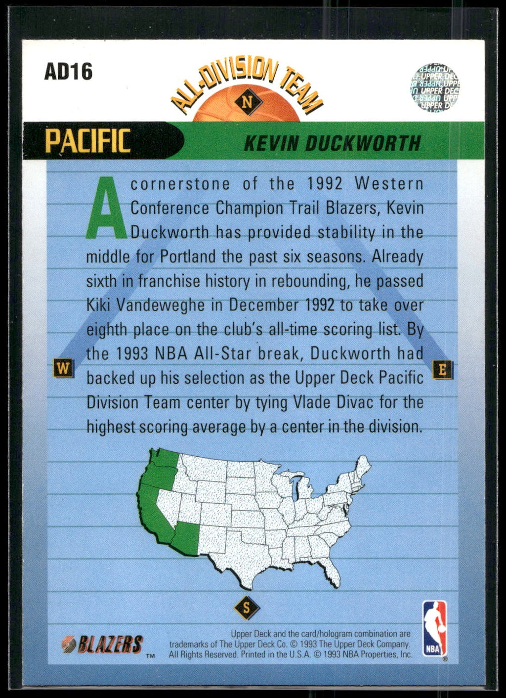 1992-93 Upper Deck #AD16 Kevin Duckworth All-Division Team