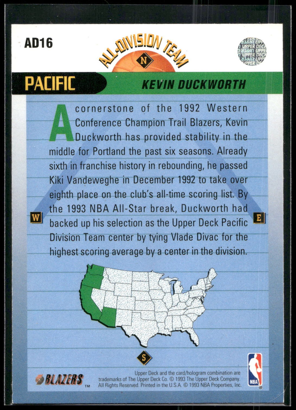 1992-93 Upper Deck #AD16 Kevin Duckworth All-Division Team